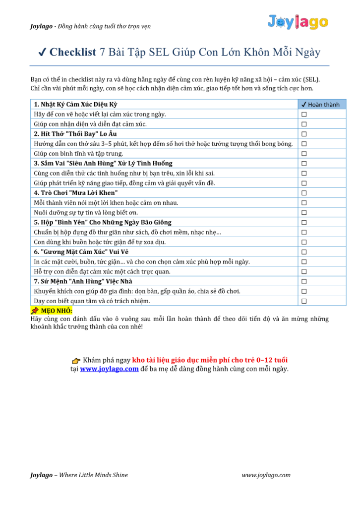 11. Checklist 7 bai tap SEL giup con lon khon moi ngay1