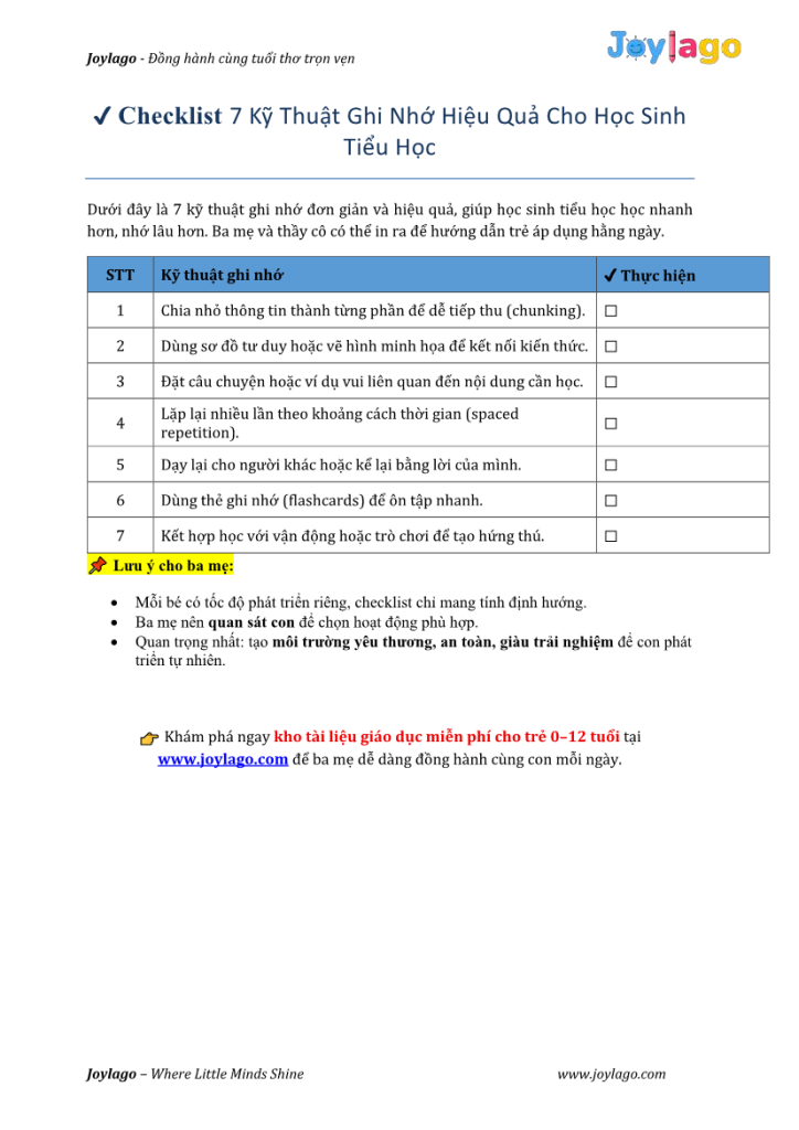 13. Checklist 7 ky thuat ghi nho hieu qua1