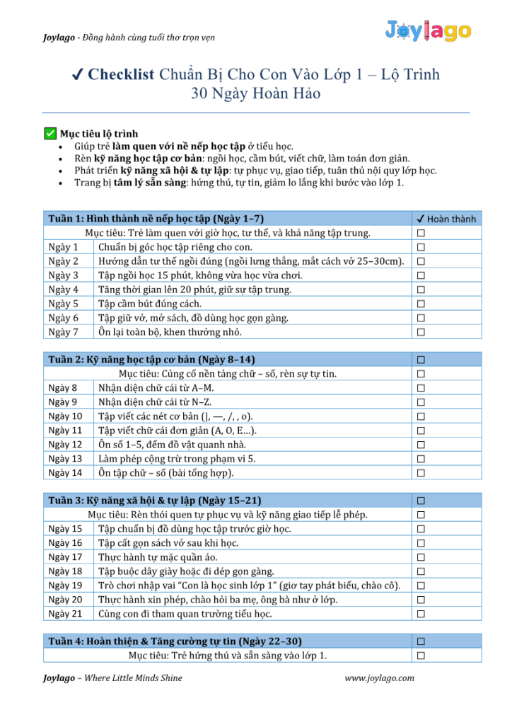 14. Checklist chuan bi cho con vao lop 1 lo trinh 30 ngay1
