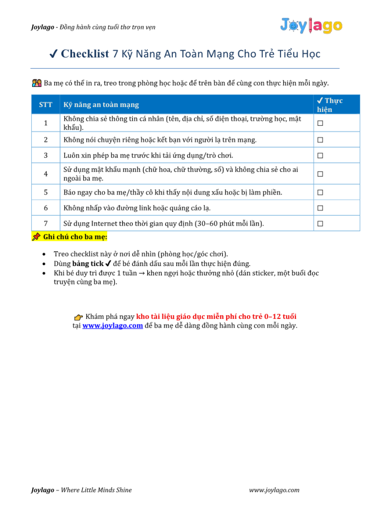 15. Checklist ky nang an toan mang cho tre tieu hoc1
