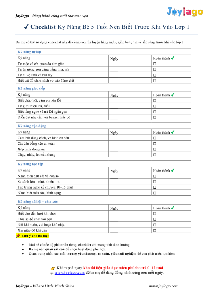 8. Checklist ky nang be nen biet truoc khi vao lop 11
