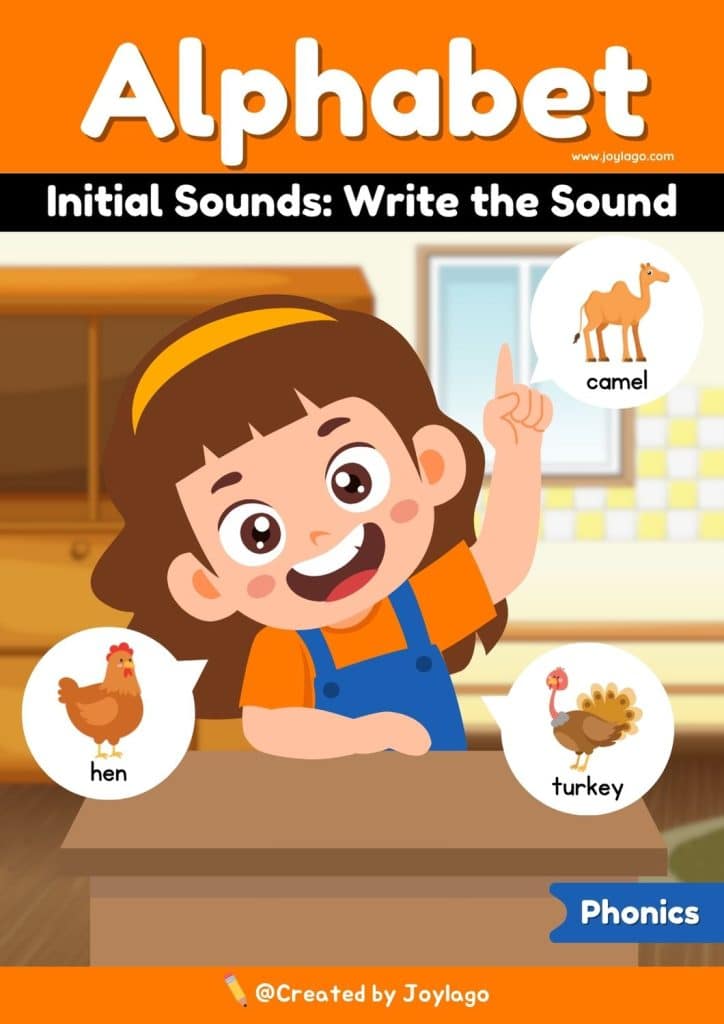 Alphabet Write the Sound Worksheet Activity in Orange Semi Realistic Cartoon Style