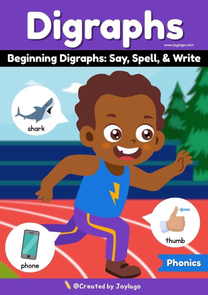 Beginning Digraphs Say Spell and Write Worksheet Activity in Purple Semi Realistic Cartoon Style