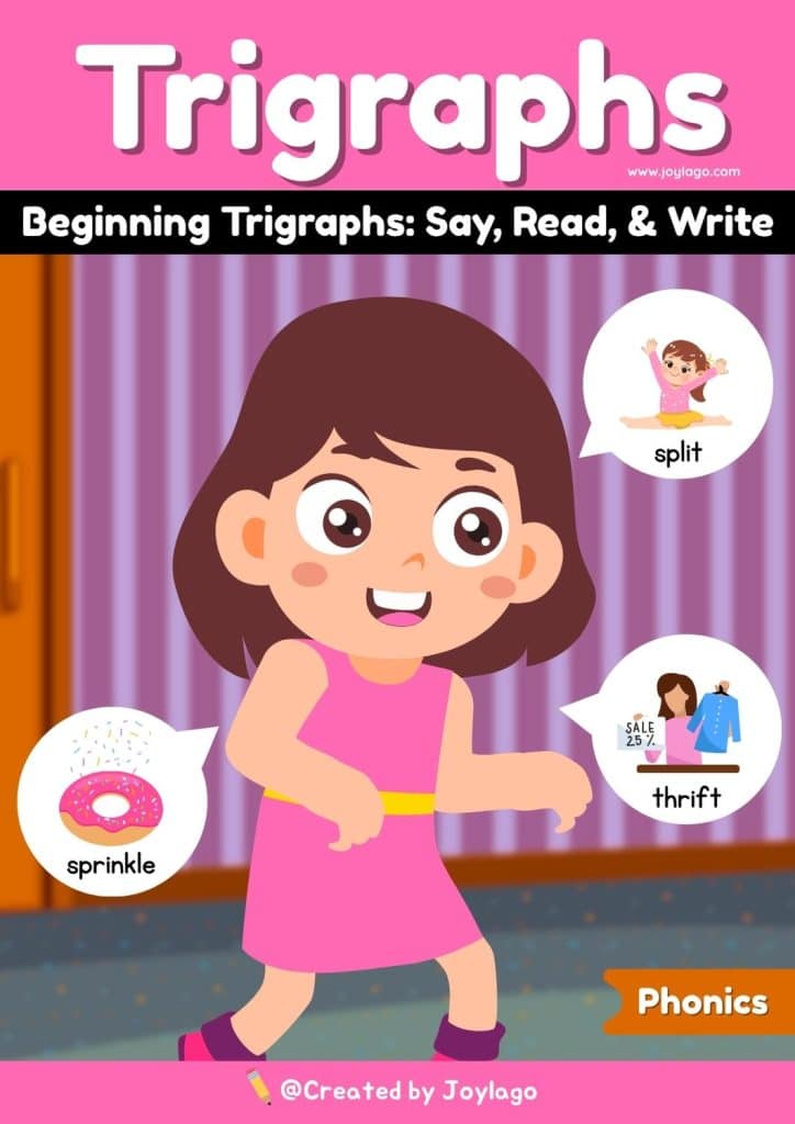 Beginning Trigraphs Say Read and Write Worksheet Activity in Pink Semi Realistic Cartoon Style