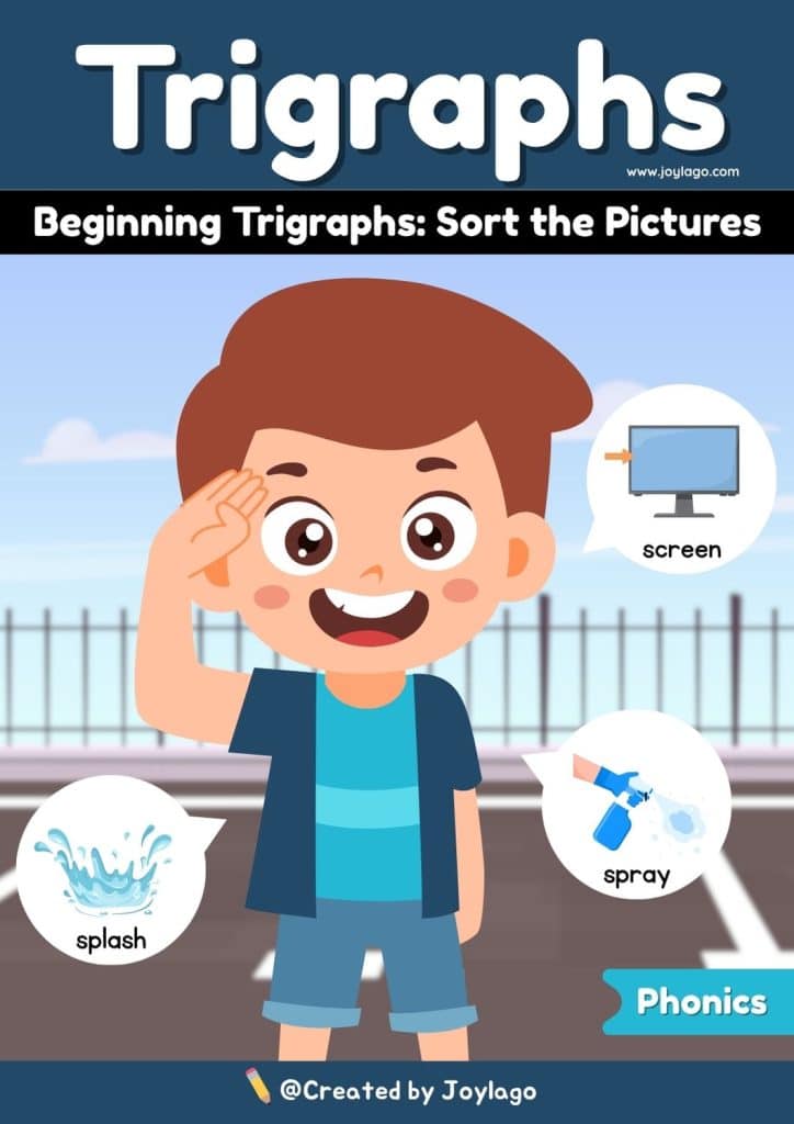 Beginning Trigraphs Sort the Pictures Worksheet Activity in Dark Blue Semi Realistic Cartoon Style