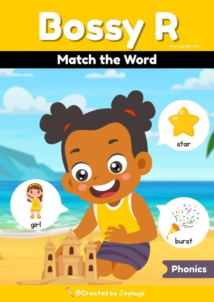 Bossy R Match the Word Worksheet Activity in Yellow Semi Realistic Cartoon Style