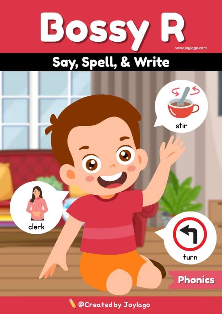 Bossy R Say Spell and Write Worksheet Activity in Red Semi Realistic Cartoon Style