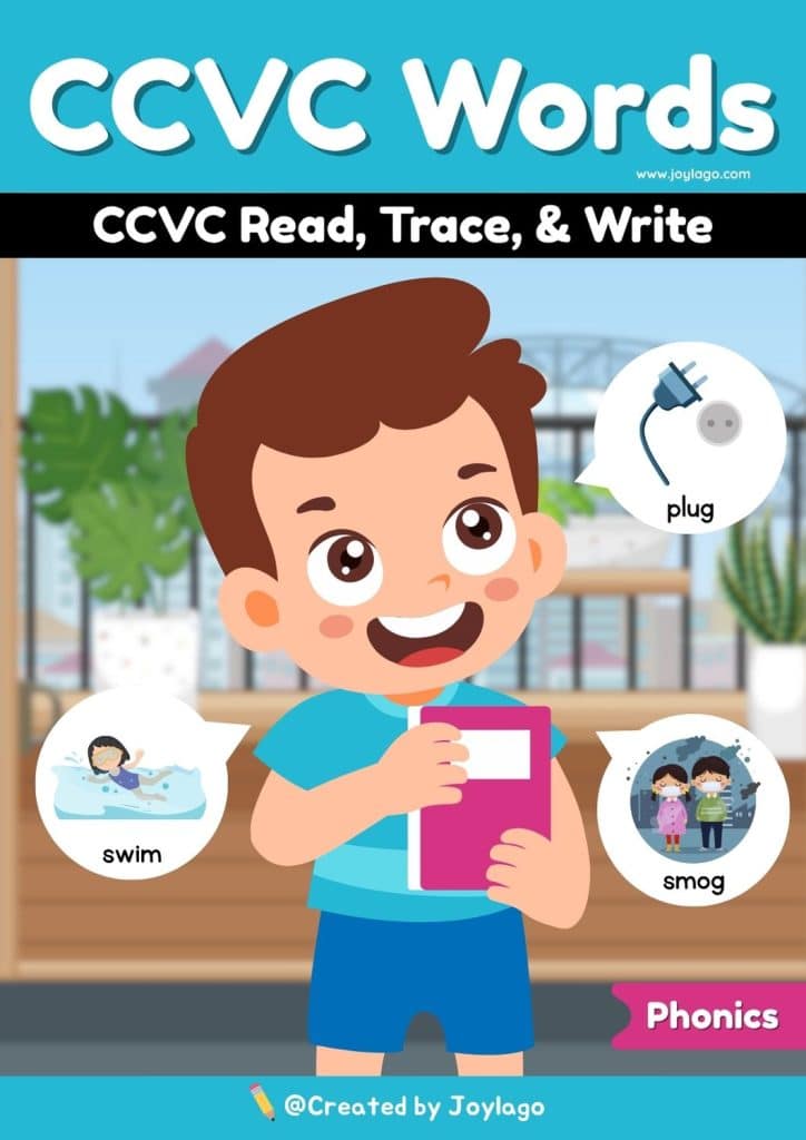 CCVC Read Trace and Write Worksheet Activity in Blue Semi Realistic Cartoon Style