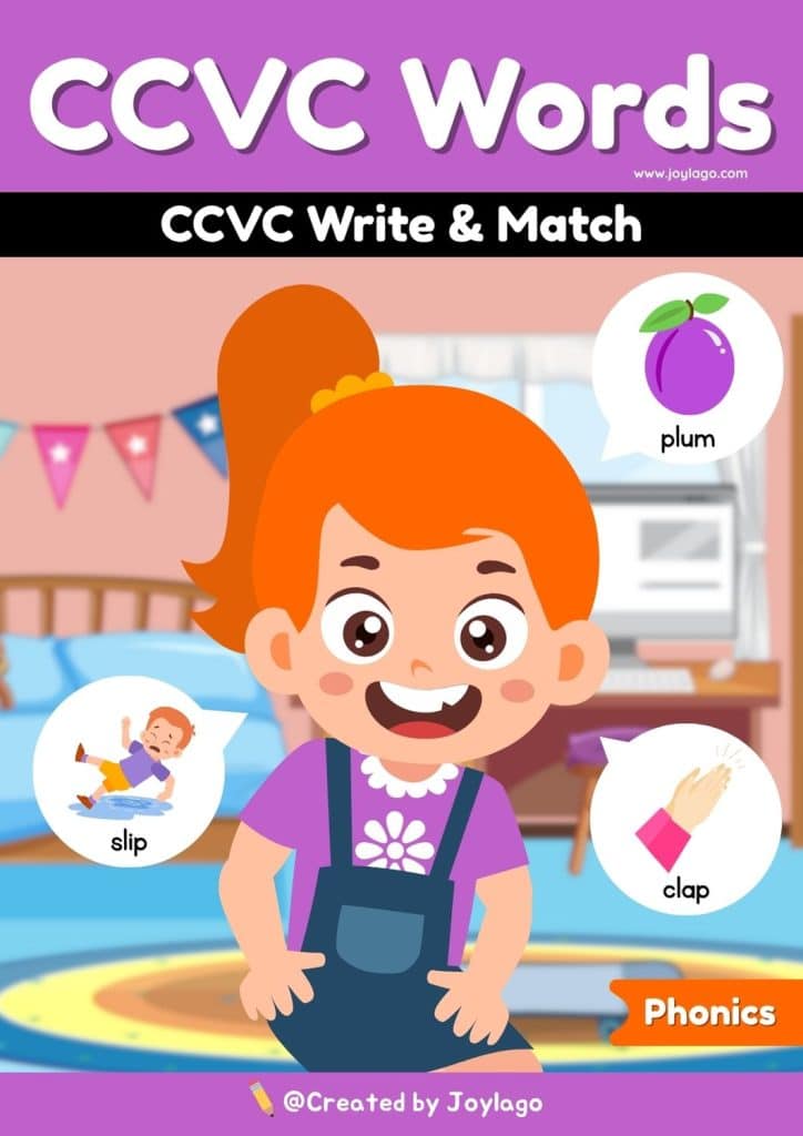 CCVC Write and Match Worksheet Activity in Purple Semi Realistic Cartoon Style