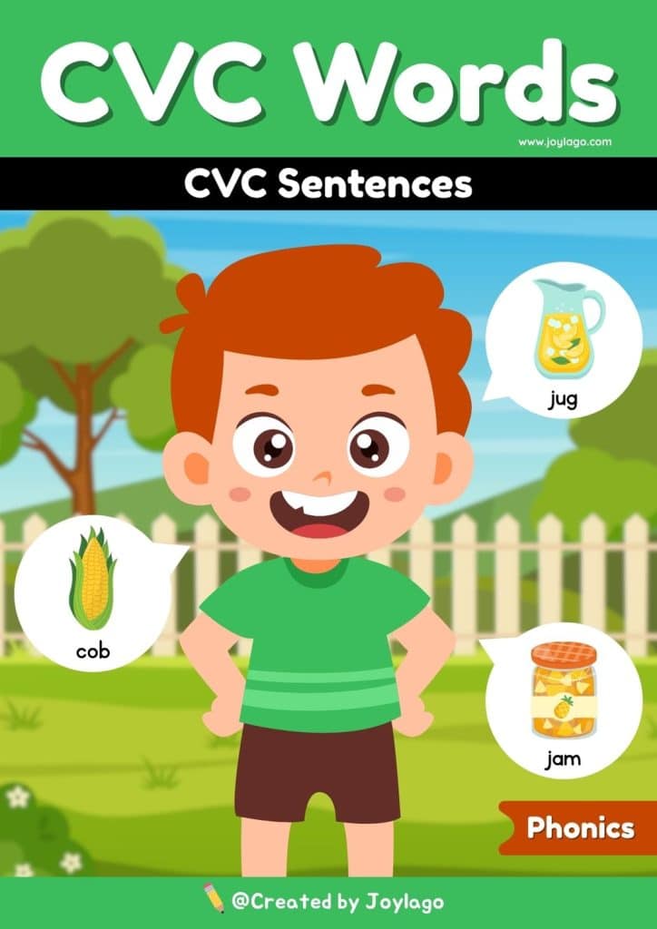 CVC Sentences Worksheet Activity in Green Semi Realistic Cartoon Style
