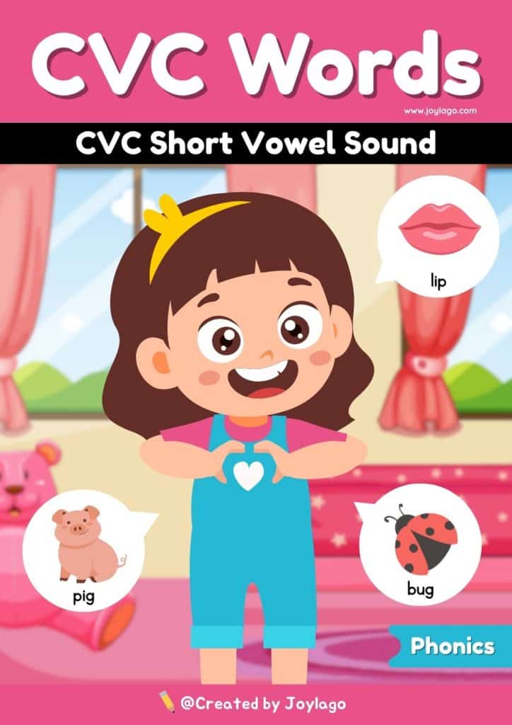 CVC Short Vowel Sound Worksheet Activity in Pink Semi Realistic Cartoon Style
