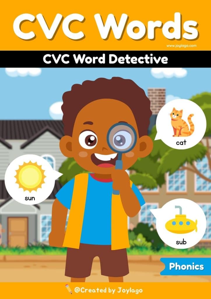 CVC Word Detective Worksheet Activity in Yellow Semi Realistic Cartoon Style