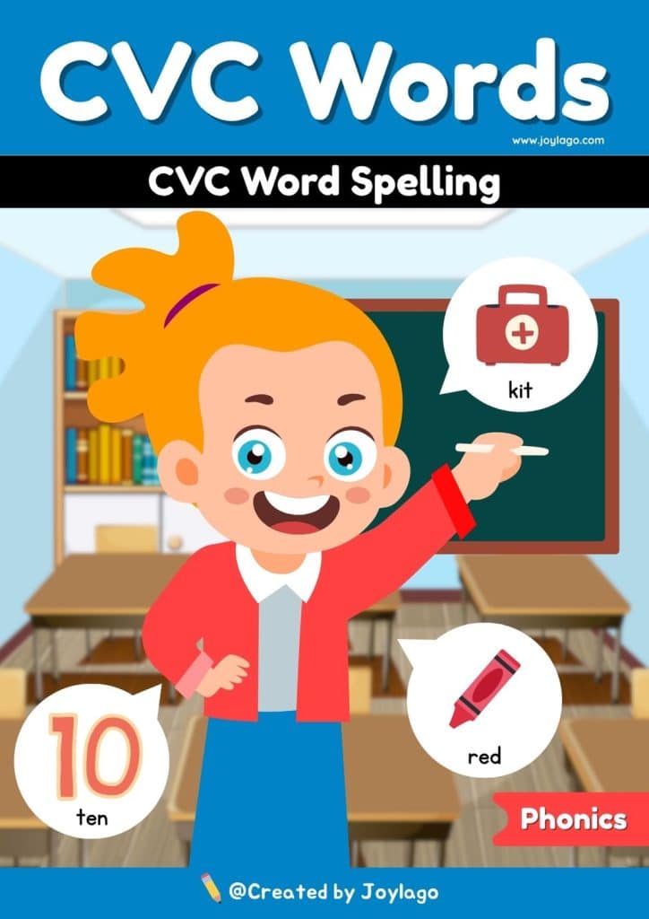 CVC Word Spelling Worksheet Activity in Blue Semi Realistic Cartoon Style