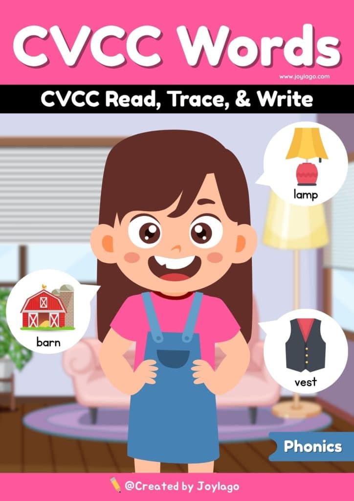 CVCC Read Trace and Write Worksheet Activity in Pink Semi Realistic Cartoon Style