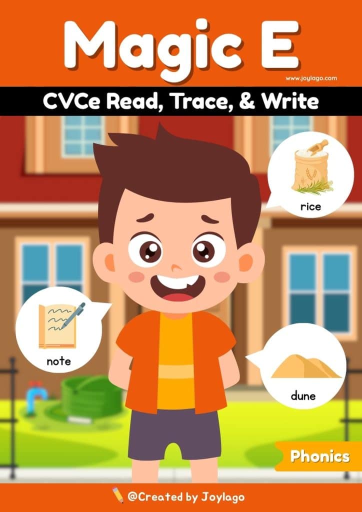 CVCe Read Trace and Write Worksheet Activity in Orange Semi Realistic Cartoon Style