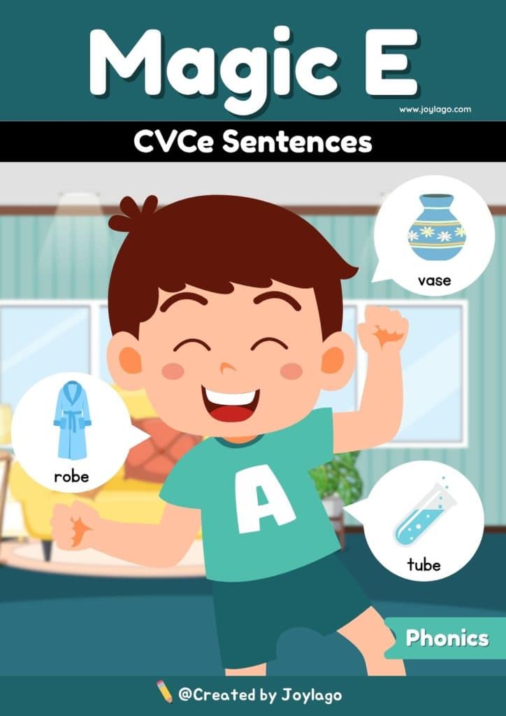 CVCe Sentences Worksheet Activity in Blue Green Semi Realistic Cartoon Style