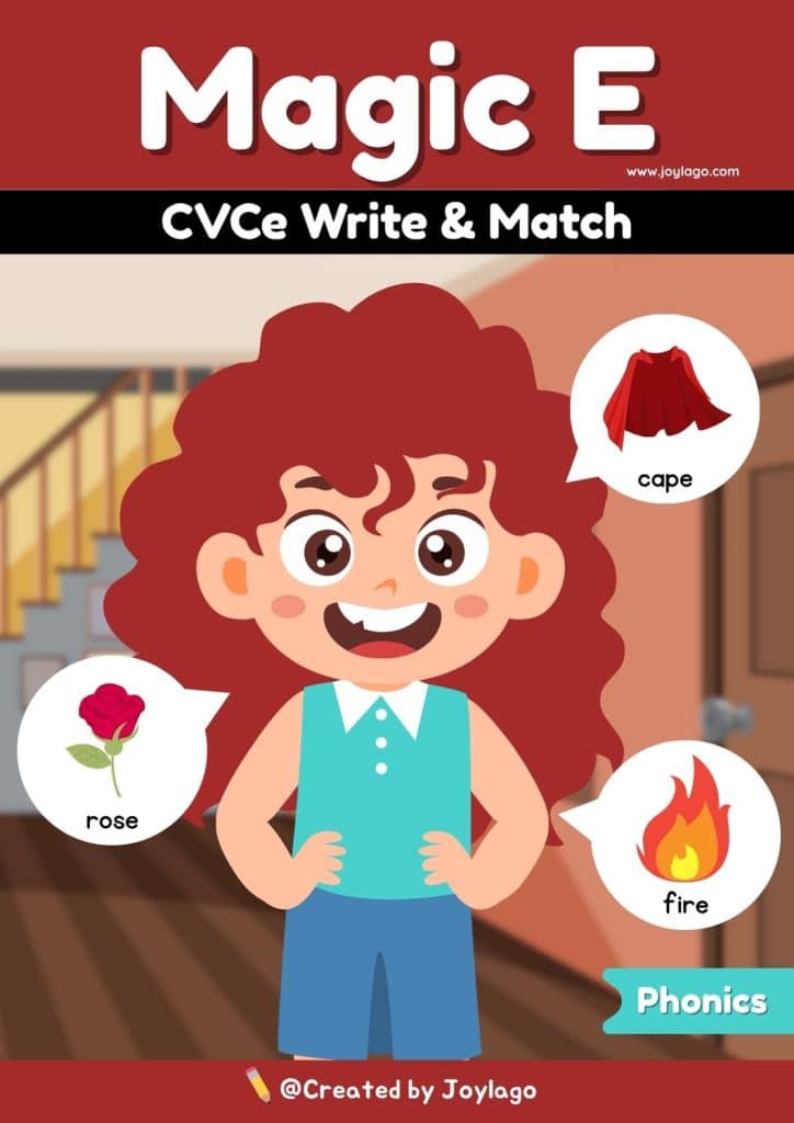 CVCe Write and Match Worksheet Activity in Red Semi Realistic Cartoon Style