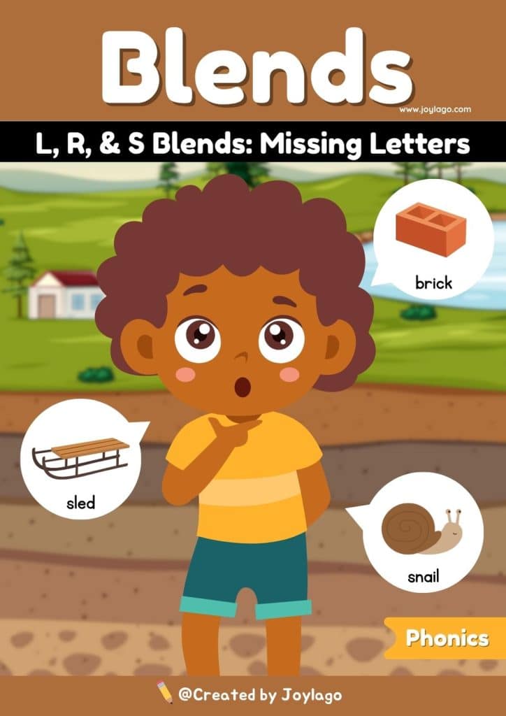Consonant Blends L R and S Missing Letters Worksheet Activity in Brown Semi Realistic Cartoon Style