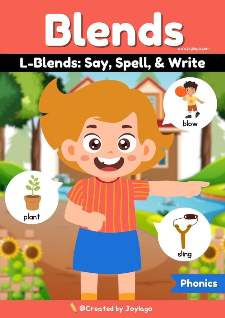 Consonant L Blends Say Spell and Write Worksheet Activity in Orange Semi Realistic Cartoon Style