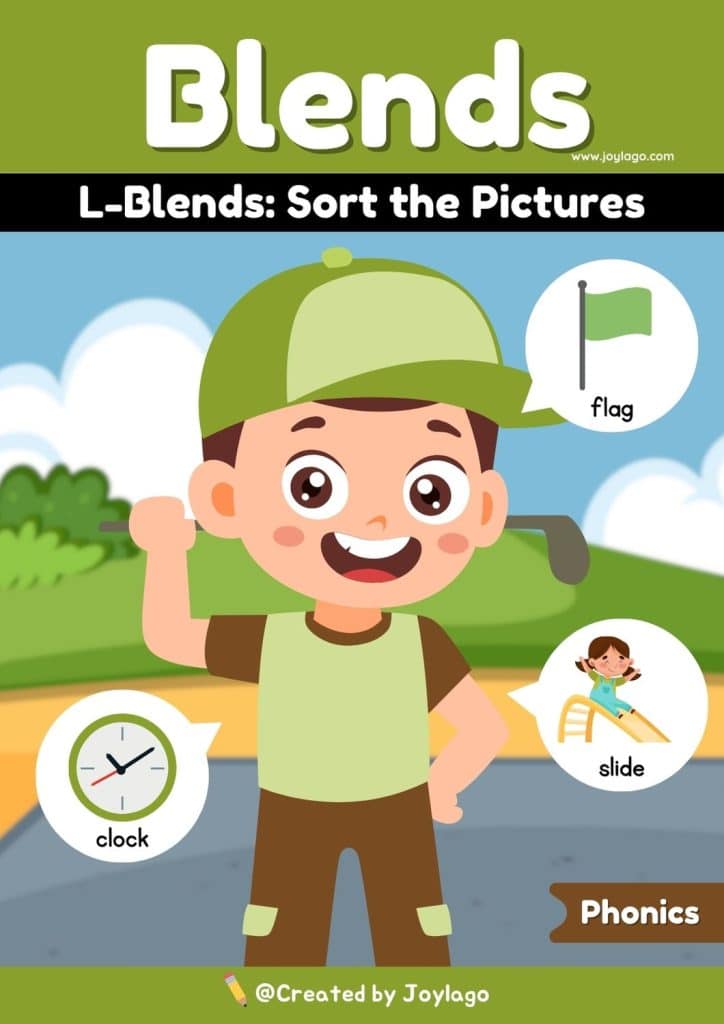 Consonant L Blends Sort the Pictures Worksheet Activity in Green Semi Realistic Cartoon Style