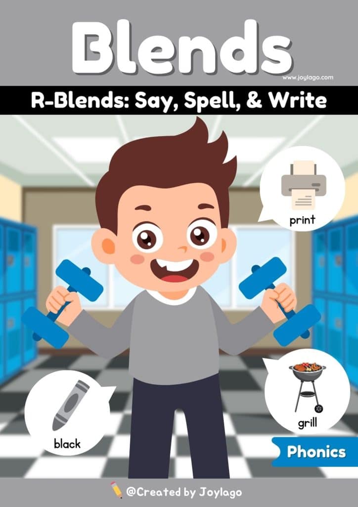 Consonant R Blends Say Spell and Write Worksheet Activity in Gray Semi Realistic Cartoon Style