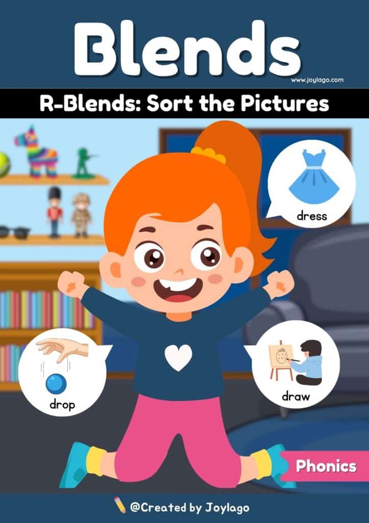Consonant R Blends Sort the Pictures Worksheet Activity in Dark Blue Semi Realistic Cartoon Style