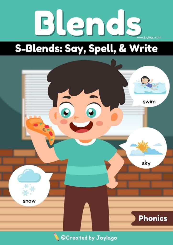 Consonant S Blends Say Spell and Write Worksheet Activity in Teal Semi Realistic Cartoon Style