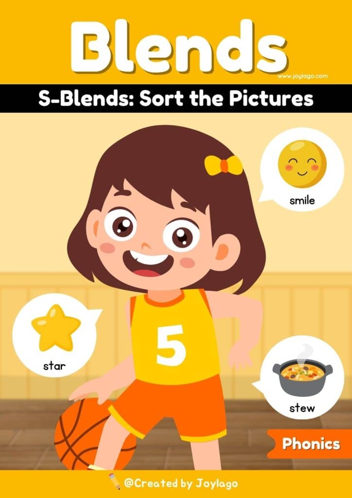 Consonant S Blends Sort the Pictures Worksheet Activity in Yellow Semi Realistic Cartoon Style