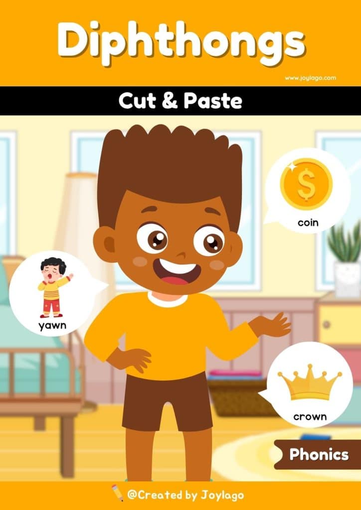 Diphthongs Cut and Paste Worksheet Activity in Yellow Semi Realistic Cartoon Style