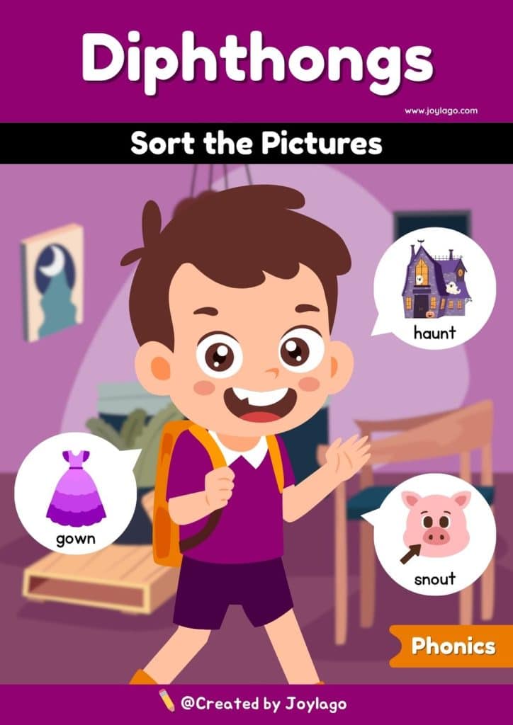 Diphthongs Sort the Pictures Worksheet Activity in Purple Semi Realistic Cartoon Style