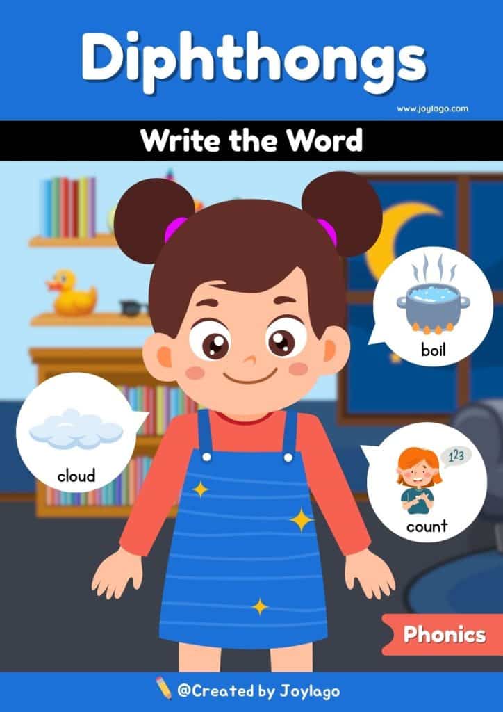 Diphthongs Write the Word Worksheet Activity in Blue Semi Realistic Cartoon Style
