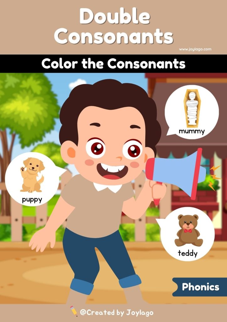 Double Consonants Coloring Worksheet Activity in Brown Semi Realistic Cartoon Style