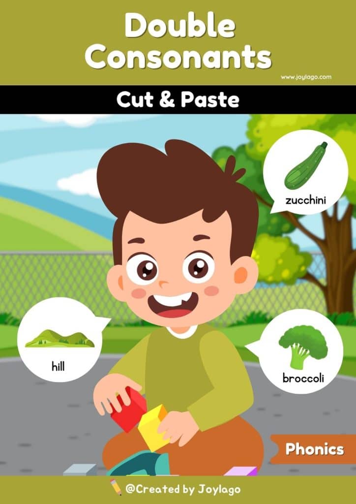 Double Consonants Cut and Paste Worksheet Activity in Green Semi Realistic Cartoon Style
