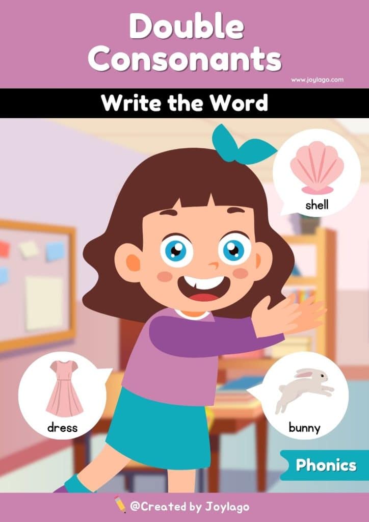 Double Consonants Write the Word Worksheet Activity in Purple Semi Realistic Cartoon Style
