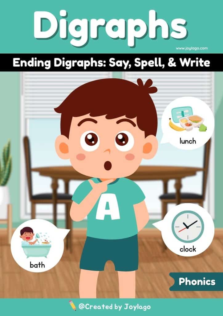 Ending Digraphs Say Spell and Write Worksheet Activity in Teal Semi Realistic Cartoon Style