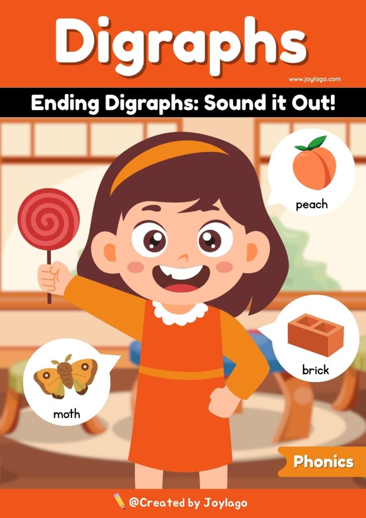 Ending Digraphs Worksheet Activity in Orange Semi Realistic Cartoon Style