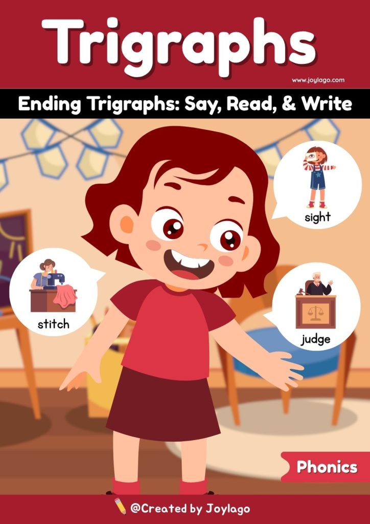 Ending Trigraphs Say Read and Write Worksheet Activity in Red Semi Realistic Cartoon Style