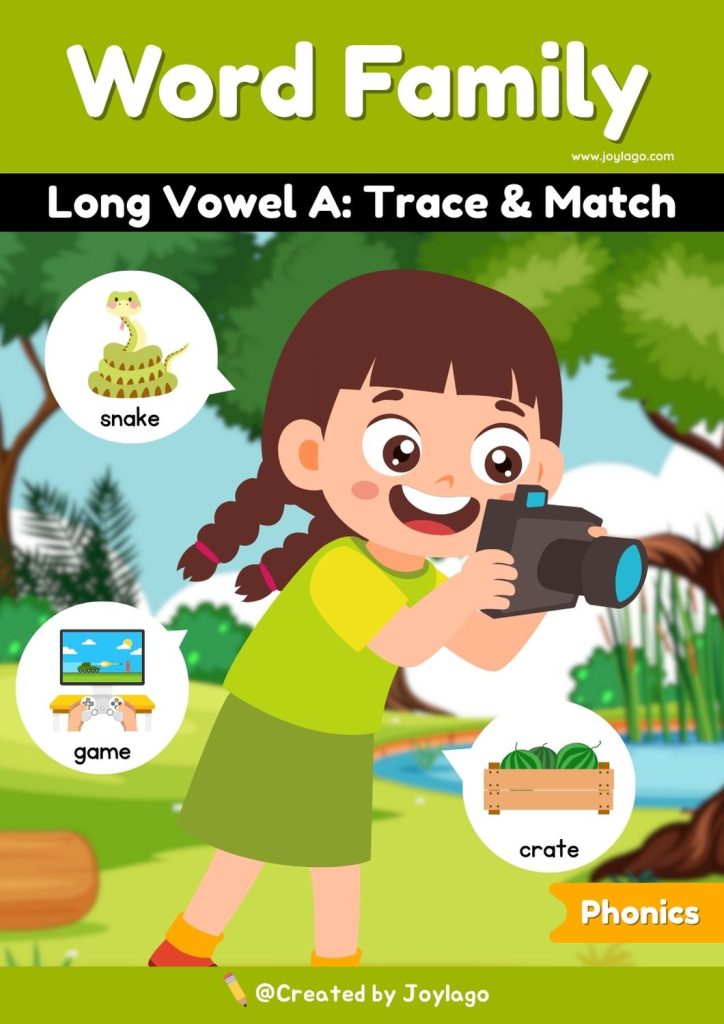 Long Vowel A Word Family Trace and Match Worksheet Activity in Green Semi Realistic Cartoon Style