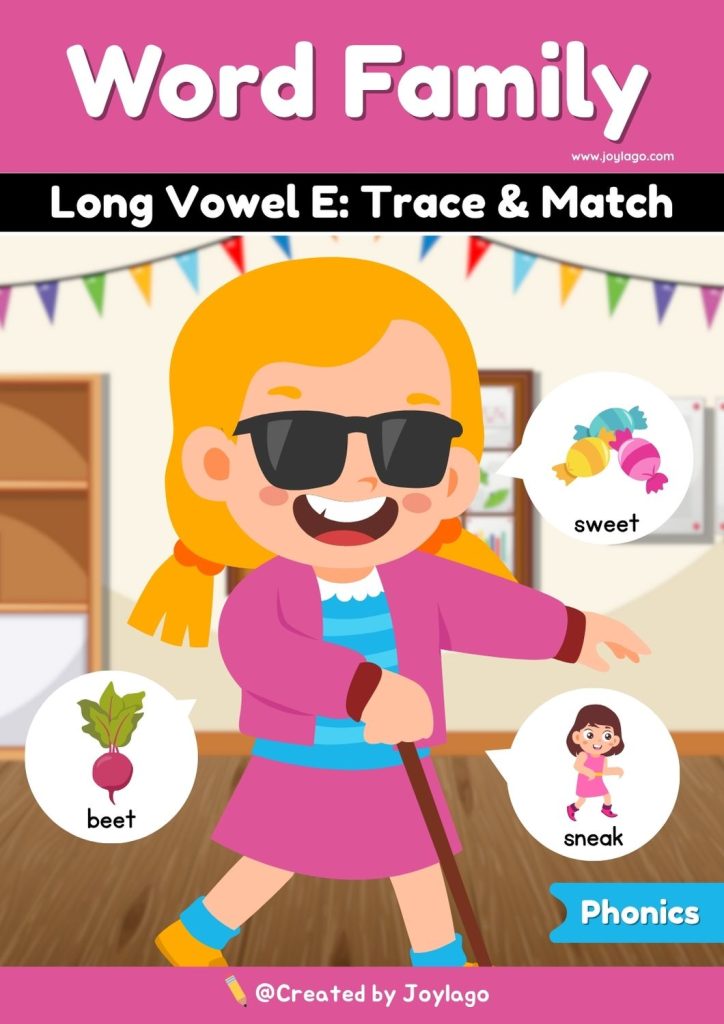 Long Vowel E Word Family Trace and Match Worksheet Activity in Pink Semi Realistic Cartoon Style