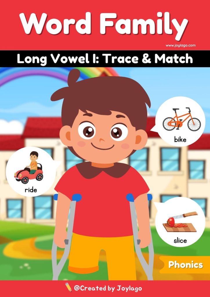 Long Vowel I Word Family Trace and Match Worksheet Activity in Red Semi Realistic Cartoon Style