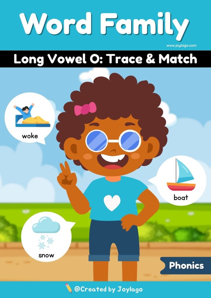 Long Vowel O Word Family Trace and Match Worksheet Activity in Blue Semi Realistic Cartoon Style