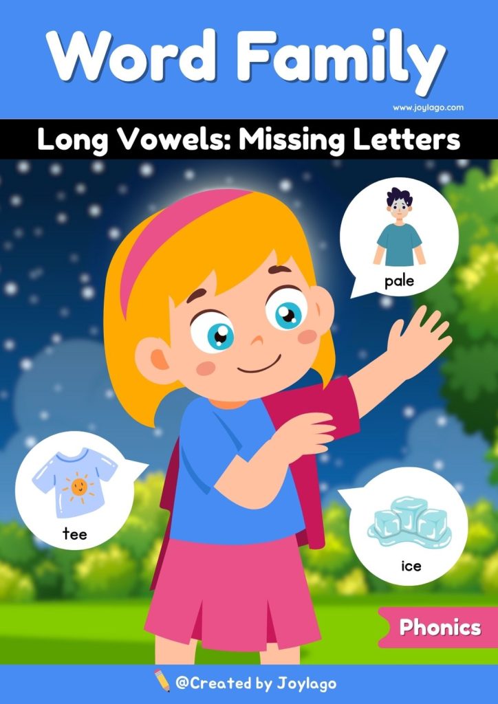 Long Vowels Word Family Missing Letters Worksheet Activity in Blue Semi Realistic Cartoon Style
