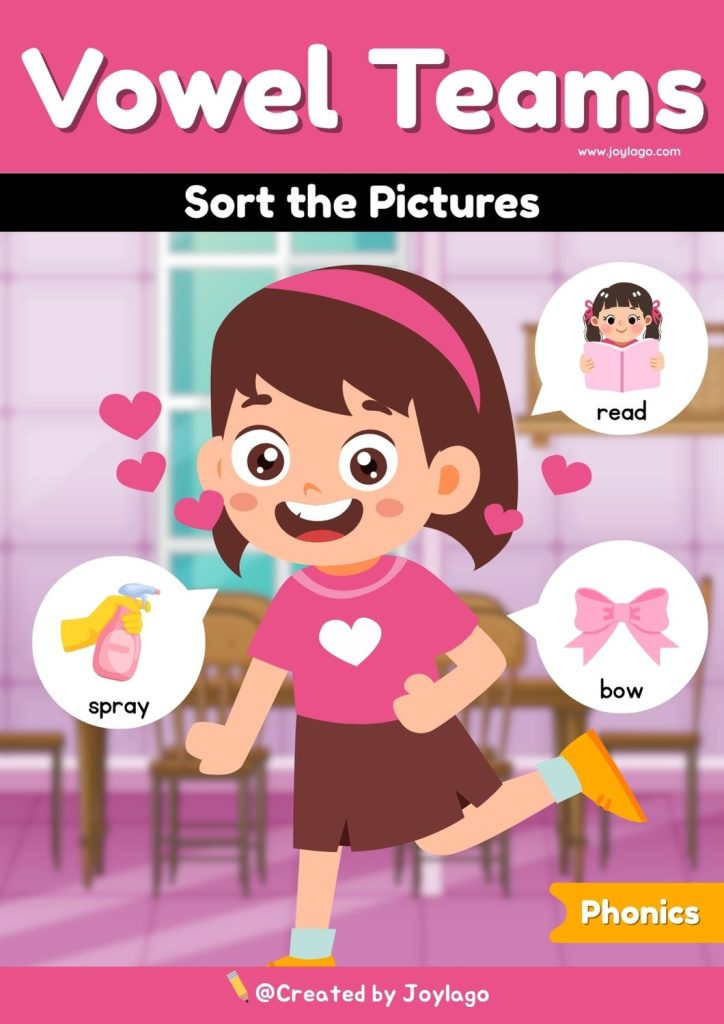 Vowel Teams Sort the Pictures Worksheet Activity in Pink Semi Realistic Cartoon Style