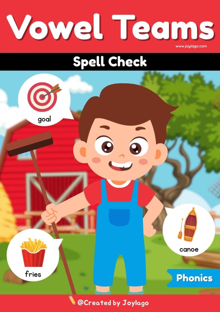 Vowel Teams Spell Check Worksheet Activity in Red Semi Realistic Cartoon Style
