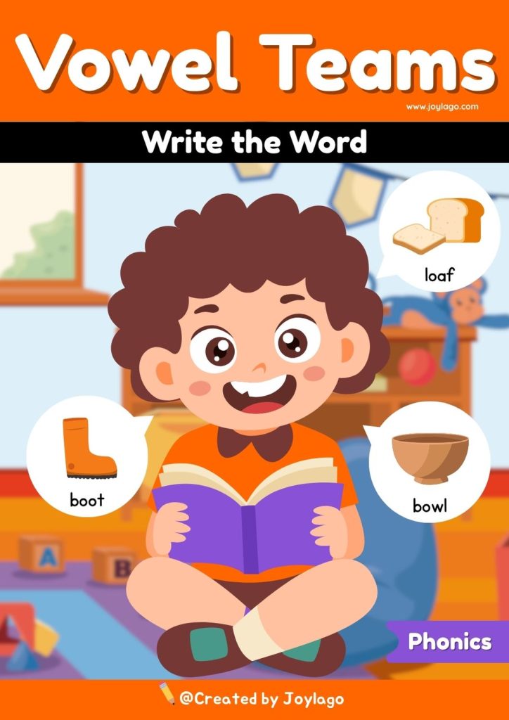 Vowel Teams Write the Word Worksheet Activity in Orange Semi Realistic Cartoon Style